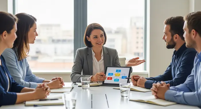 Berater erklärt ruhig Richtlinien in einem Gespräch, die Atmosphäre ist verständnisvoll und klar.