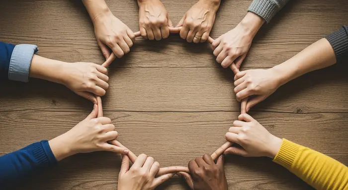 Symbolisches Motiv: Hände mehrerer Menschen bilden einen Kreis über einem Holztisch, Sinnbild für Gemeinschaft und Gegenseitigkeit.