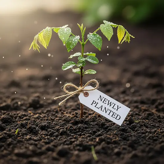 Nahaufnahme junger Baum mit frisch gepflanztem Schildchen, Erde feucht, Licht sanft.