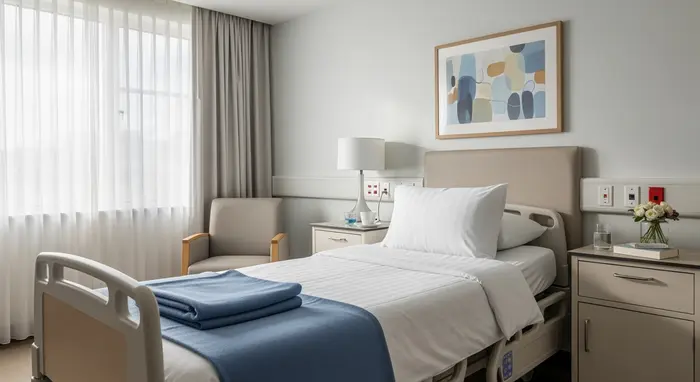 Krankenhauszimmer mit Einzelbett, ruhige Atmosphäre, Fokus auf Komfort.