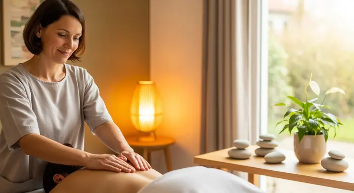 Heilpraktiker legt sanft Hände bei einer alternativen Behandlung in ruhiger Praxis auf.