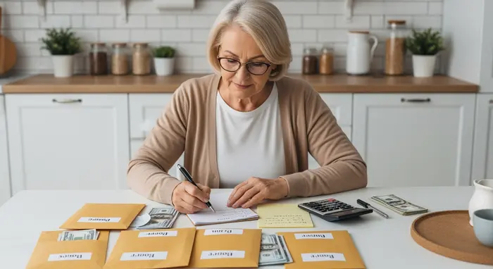 Seniorin verwaltet Haushaltsbudget mit Umschlägen und Notizen am Küchentisch; ruhige, geordnete Szene.