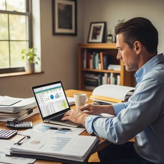 Berufstätiger mittleren Alters arbeitet am Laptop mit Finanzunterlagen im Homeoffice.