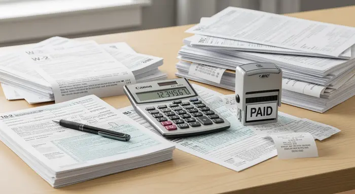 Steuerunterlagen, Taschenrechner und ein Belegstempel sorgfältig arrangiert auf einem hellen Schreibtisch.