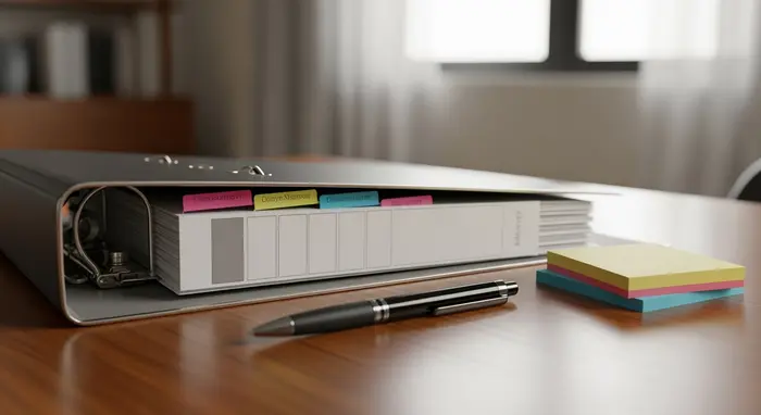 Geordneter Aktenordner mit Register, daneben Stift und Haftnotizen auf einem Schreibtisch.