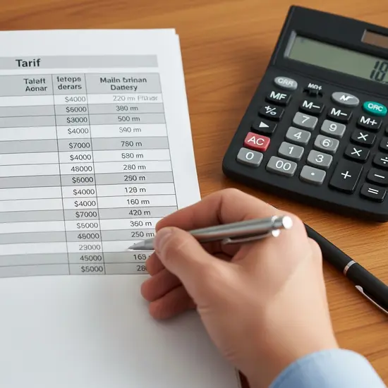 Nahaufnahme einer Hand, die ein Formular mit Tarifoptionen und Beträgen durchgeht; daneben ein Taschenrechner und ein Stift.