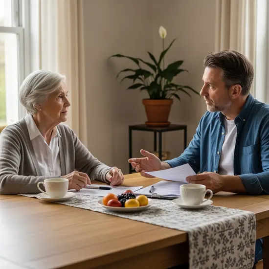 Seniorin und Sohn besprechen gemeinsam am Esstisch die Pflegeabsicherung, ruhige häusliche Atmosphäre.