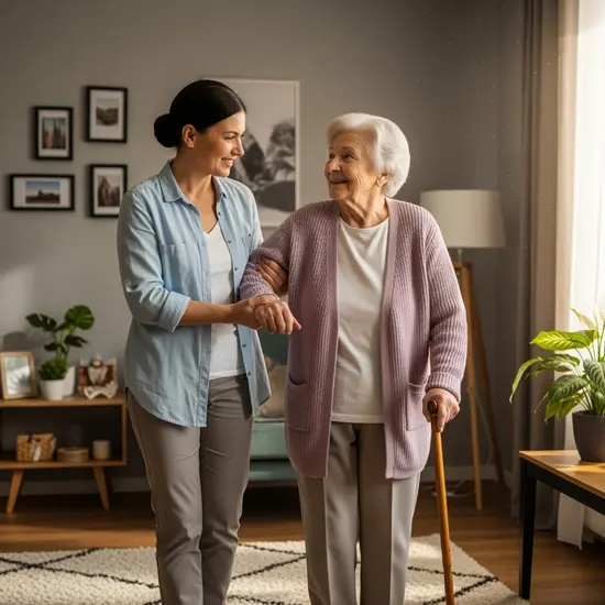 Tochter hilft ihrer älteren Mutter beim Gehen in einer gemütlichen Wohnung, beide lächeln, fürsorgliche häusliche Pflege.