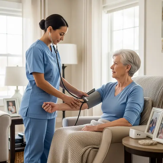Professioneller Pflegedienst versorgt einen Senior zu Hause, Pflegekraft misst den Blutdruck mit ruhiger Hand.