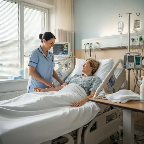 Krankenhauszimmer mit Patient im Bett, eine Pflegekraft überprüft beruhigend die Infusion.