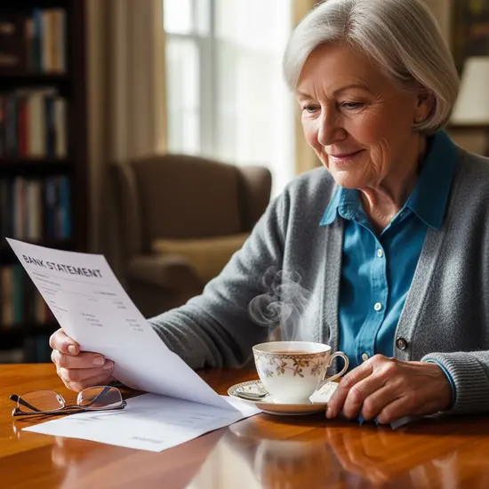 Ruhige Szene: Senior blickt erleichtert auf einen Kontoauszug, daneben eine Tasse Tee, entspannte Atmosphäre.