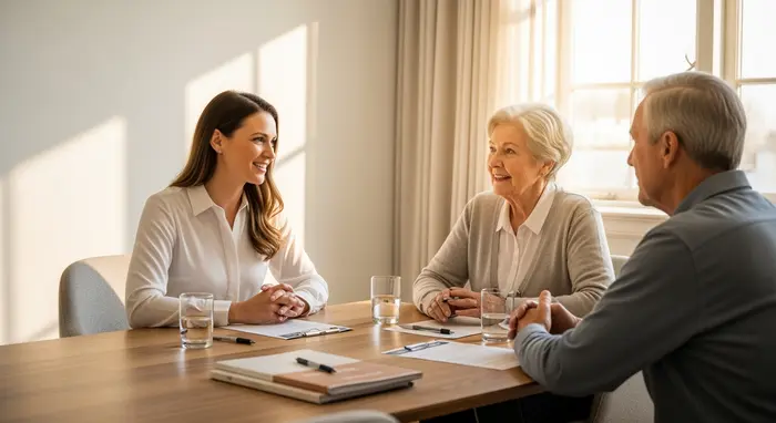 Freundliche Beraterin spricht mit Senior und Angehöriger in einem hellen, modernen Beratungsraum; neutrale Unterlagen zur Pflegeversicherung liegen auf dem Tisch, warme Lichtstimmung, keine sichtbaren Logos.
