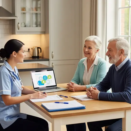 Beratungsgespräch zwischen Pflegerin und älterem Paar am Küchentisch, geordnete Unterlagen und Laptop, freundliche Atmosphäre in heller Wohnung.