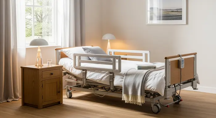 Pflegebett in hellem Schlafzimmer, höhenverstellbar mit Seitengittern; Nachttisch mit Wasser und Lampe.