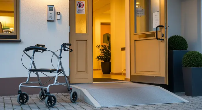 Silberner Rollator steht neben Eingangstür mit kleiner Rampe; sichere, barrierearme Umgebung.