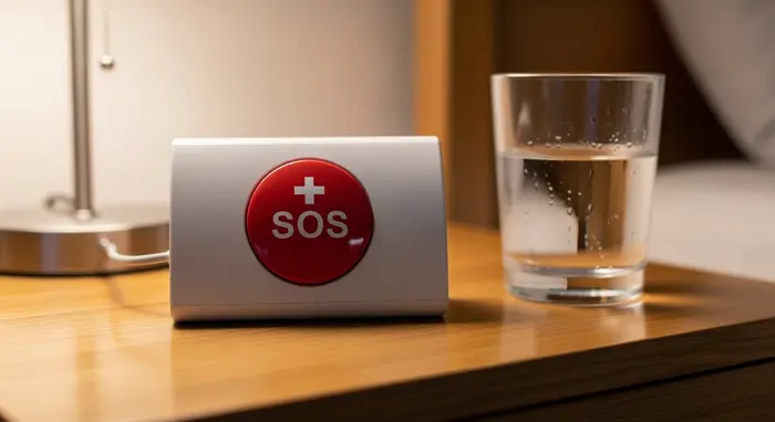 Hausnotruf-Sender mit großem Knopf liegt auf einem Nachttisch neben einem Glas Wasser.