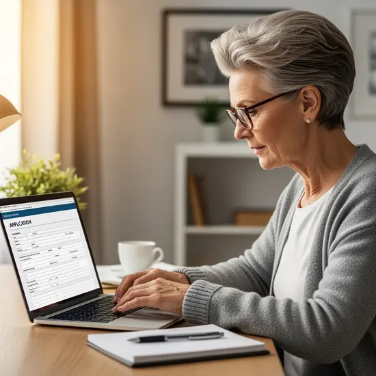 Seniorin füllt mit Brille einen Antrag am Laptop aus; aufgeräumter Holztisch mit Stift und Notizblock.