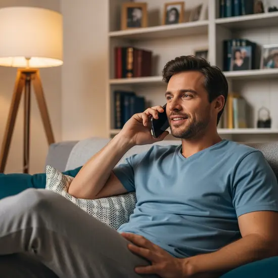 Mann telefoniert entspannt mit Servicehotline im Wohnzimmer; Smartphone am Ohr, freundliche Mimik.