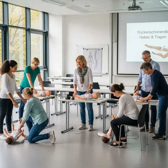 Gruppe von pflegenden Angehörigen in einem Seminarraum, Übung zu rückenschonenden Techniken mit Trainerin.