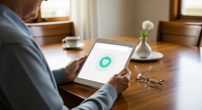 Senior nutzt eine Gesundheits-App auf einem Tablet am Esstisch; klare, textfreie Benutzeroberfläche angedeutet, ruhige Umgebung.