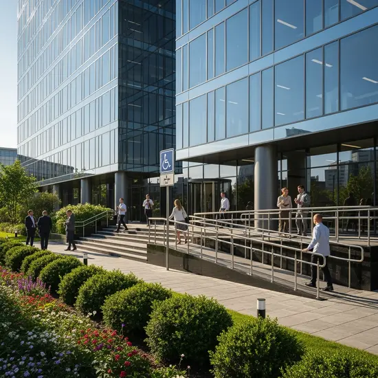 Außenansicht einer modernen Geschäftsstelle mit barrierefreiem Eingang, Menschen betreten das Gebäude.