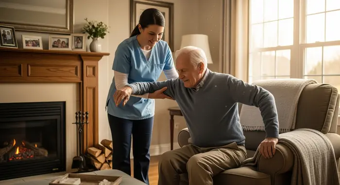 Pflegerin unterstützt einen älteren Mann beim Aufstehen aus einem Sessel in einem warmen Wohnzimmer; sanfte Handgriffe, freundliche Atmosphäre.