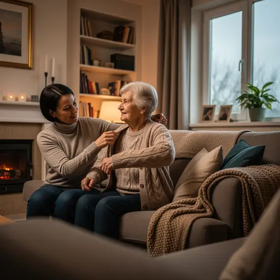 Senior erhält Hilfe beim Anziehen durch Angehörige in einem gemütlichen Wohnzimmer; fürsorgliche, ruhige Situation.