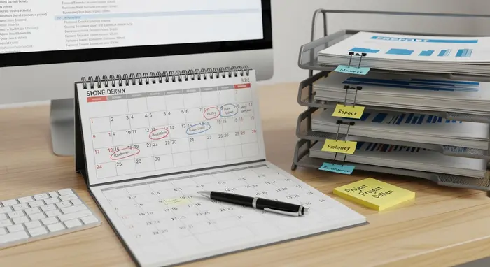 Kalender, Stift und geordnete Dokumente auf einem Schreibtisch; Fokus auf Terminplanung und Fristen, neutrales, helles Licht.