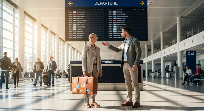 Senior mit Reisekoffer steht vor Abflugtafel im Flughafen; Begleitperson hilft, entspannte Reiseszene.