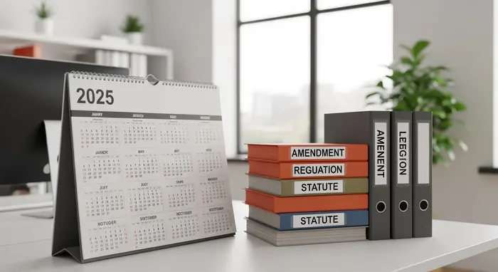 Wandkalender mit markiertem Jahr 2025 in einem hellen Büro; daneben liegen Aktenordner, symbolisch für Gesetzesänderungen.