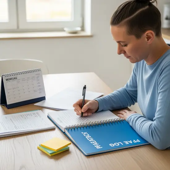 Pflegende Person notiert im Pflegetagebuch am Küchentisch; Stift, Kalender und Unterlagen ordentlich ausgelegt.