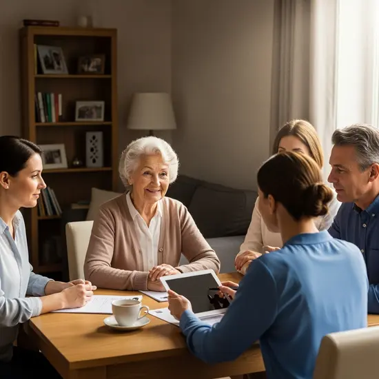 Familie bespricht gemeinsam mit einer Pflegefachkraft einen Pflegeplan am Wohnzimmertisch; offene, konstruktive Atmosphäre.