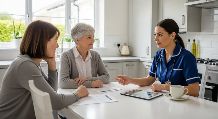 Seniorin sitzt mit ihrer Tochter am Küchentisch, ein Pflegedienstmitarbeiter erklärt ruhig den Pflegeplan; helle, aufgeräumte Umgebung.