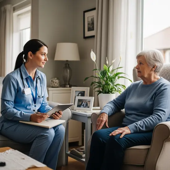 Pflegegutachterin des Medizinischen Dienstes besucht Seniorin zu Hause, Notizblock und Tablet, ruhiges Wohnzimmer, respektvolle Atmosphäre.