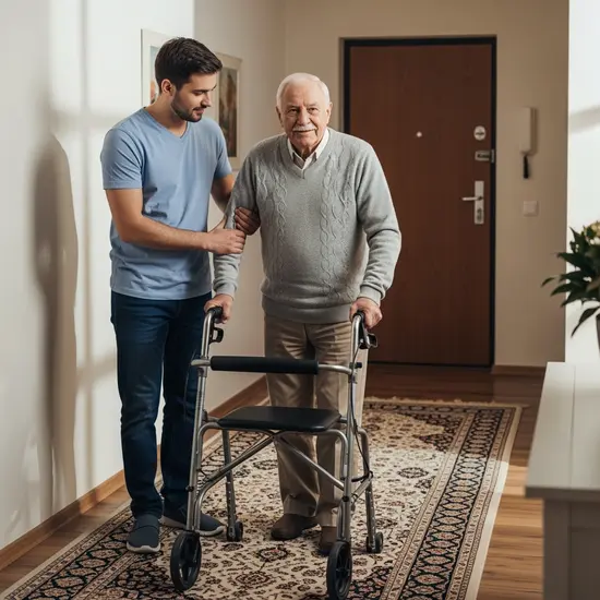 Jüngere Angehörige hilft älterem Mann beim Gehen mit Rollator im Flur einer Wohnung, unterstützende Gestik.
