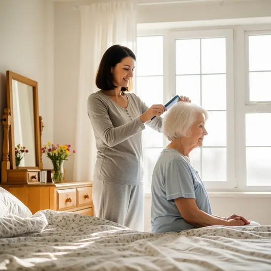 Erwachsene Tochter hilft ihrer Mutter beim Kämmen im hellen Schlafzimmer, ruhige, liebevolle Szene der häuslichen Pflege.