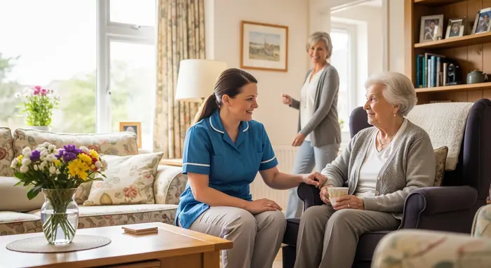Ersatzpflege: Pflegerin übernimmt Betreuung einer Seniorin, Angehörige macht eine Pause, freundliche Atmosphäre im Wohnzimmer.