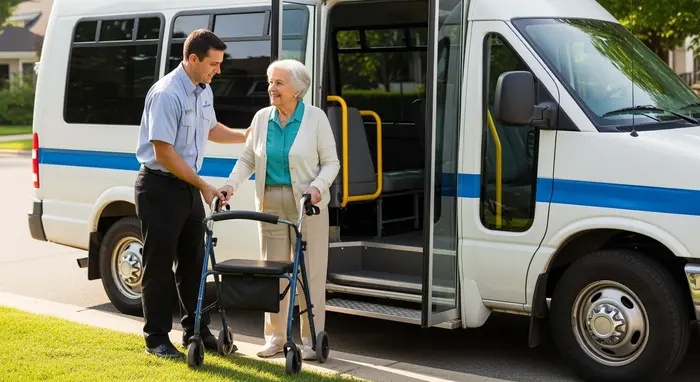 Senior wird von Fahrdienst zur Tagespflege abgeholt; gepflegter Kleinbus, Fahrer hilft beim Einsteigen mit Rollator.