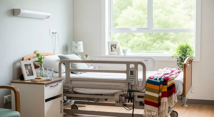 Kurzzeitpflege: Helles Pflegezimmer mit Pflegebett, Nachttisch und persönlicher Dekoration, ruhige Stimmung.