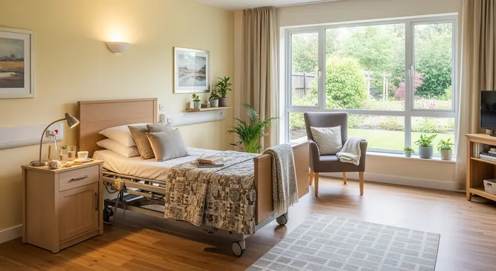 Modernes Pflegeheim-Zimmer mit Pflegebett, Sessel, Nachttisch und großer Fensterfront; warme, freundliche Einrichtung.