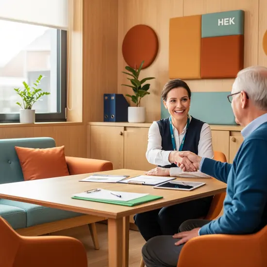 Freundliche HEK-Mitarbeiterin begrüßt Senior in einem modernen Beratungsraum; helles Holz, warme Farben, Unterlagen auf dem Tisch, entspannte Gesprächssituation.