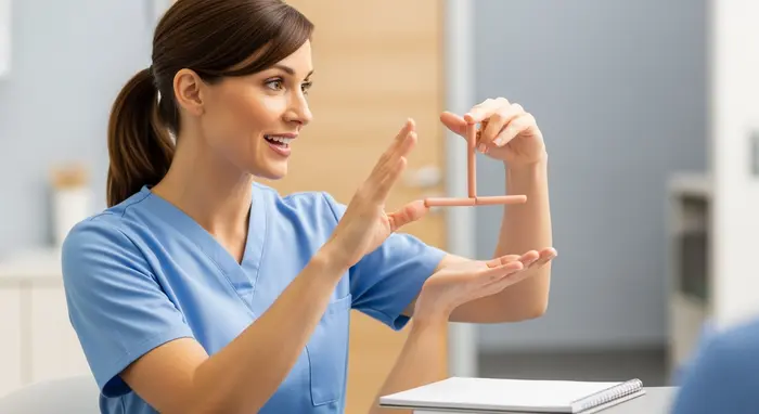 Diagrammfreie Darstellung: Pflegerin erklärt prozentuale Aufteilung mit Händen; keine Textelemente, nur Gestik und Notizzettel ohne Schrift.