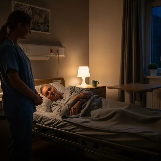 Senior schläft entspannt in einem ruhigen, gedämpft beleuchteten Zimmer der Nachtpflege, Pflegekraft schaut nach dem Rechten.