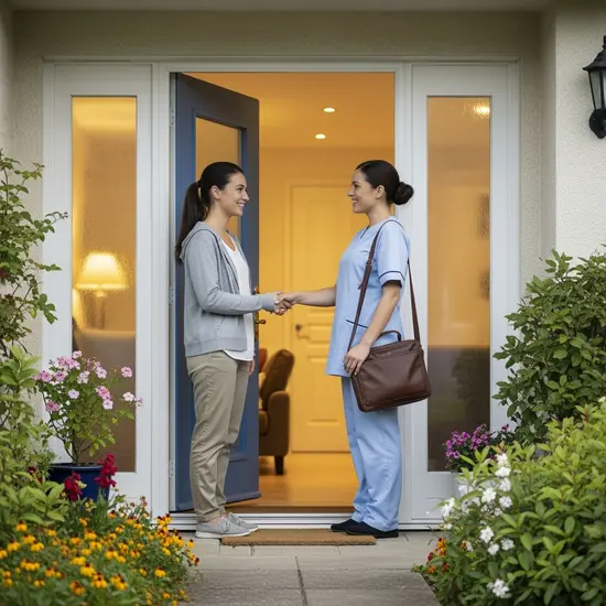 Tochter übergibt lächelnd die Pflege an eine Ersatzpflegekraft; Haustürszene, herzliche Verabschiedung.