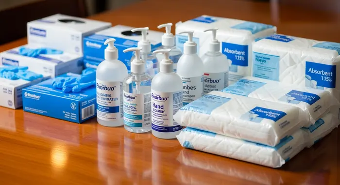 Auf einem Tisch liegen Einmalhandschuhe, Desinfektionsmittel und Bettschutzeinlagen ordentlich bereit.
