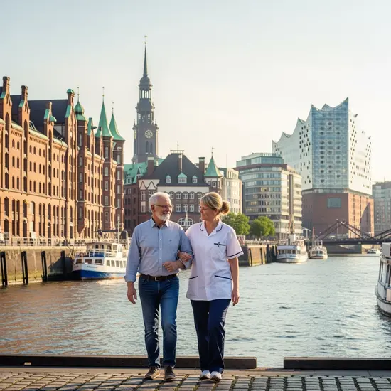 Historisches und modernes Hamburg im Hintergrund; Senior und Pflegerin spazieren am Wasser, vertrauensvolle Atmosphäre, symbolisiert Tradition und Moderne.