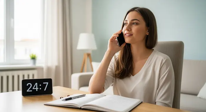 Junge Frau telefoniert entspannt in heller Wohnung, Notizblock und Stift neben ihr; symbolisiert 24/7-Service-Hotline.