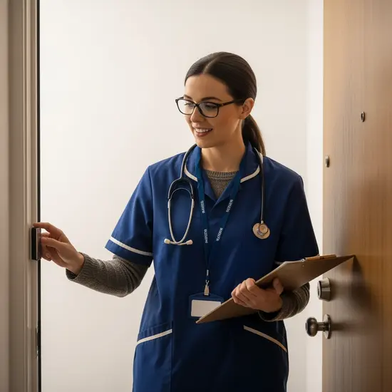 Pflegegutachter klingelt an Wohnungstür; Klemmbrett in der Hand, höfliches Lächeln.