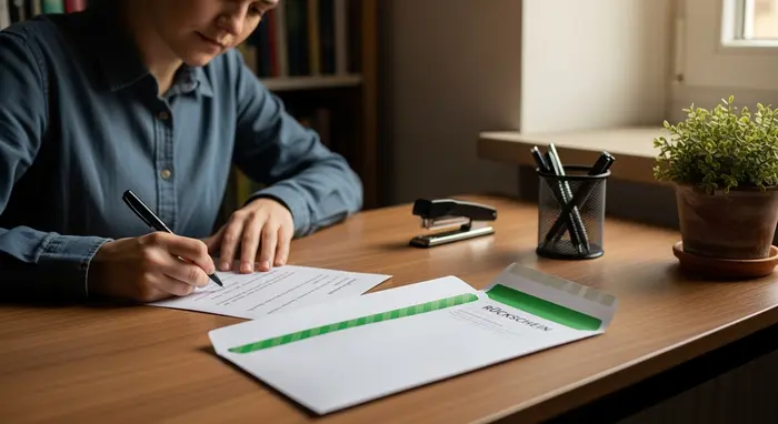 Angehörige unterschreibt einen Brief an einem Schreibtisch; Briefumschlag mit Rückschein, ruhige Umgebung.