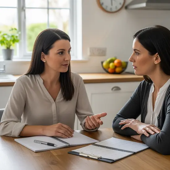Pflegeberaterin und Angehörige sitzen am Küchentisch, besprechen Versorgungsplan; Notizbuch und Kalender liegen bereit.